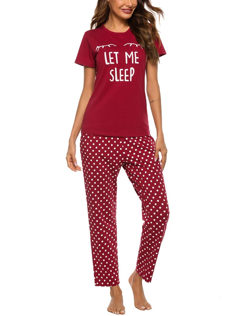 EISHOPEER Women's Cute Printed Short Sleeve Top & Long Pants Sleepwear Pajama Set Wine Red S - Image 1